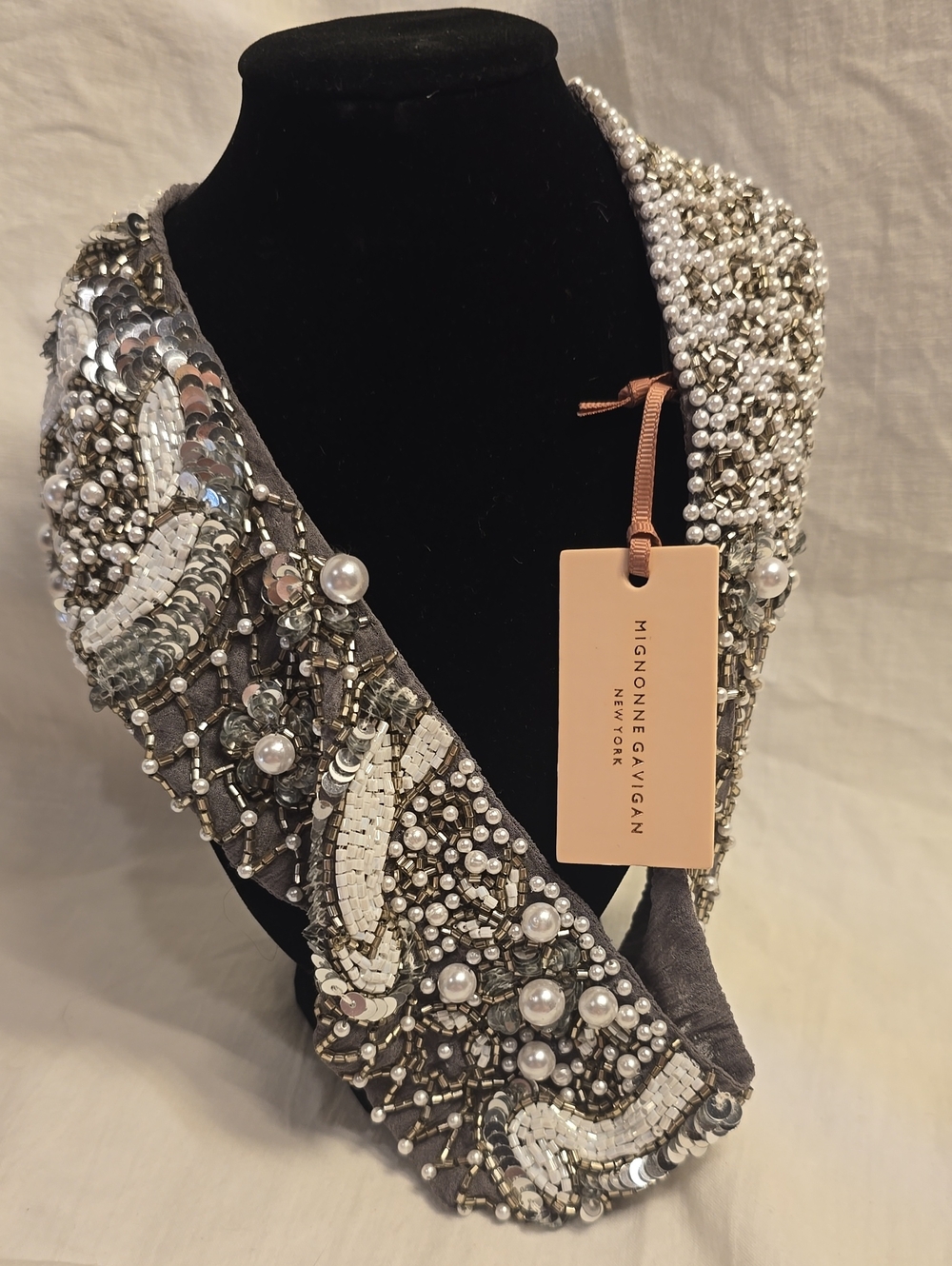 Mignonne Gavigan Silver Beaded Embellished Scarf Collar With Matching Bracelet